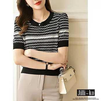 【Jilli~ko】黑白幾何波浪條紋設計感氣質薄款針織衫 J9118  FREE 黑色