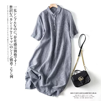 【ACheter】 日系優雅經典格紋棉麻洋裝# 113009 M 藍色