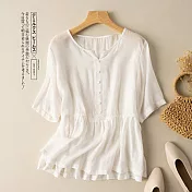 【慢。生活】夏季文藝復古寬鬆棉麻短袖娃娃衫上衣 J9166 FREE 白色