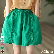 【ACheter】 木耳邊涼系鬆緊腰闊腿棉麻短褲# 113103 M 綠色