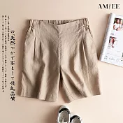 【AMIEE】棉麻高腰顯瘦短褲(KDP-5652) M 杏色