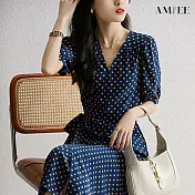 【AMIEE】時尚焦點波點設計連身洋裝(KDD-1743) XL 藍底黃波點