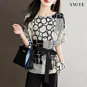 【AMIEE】設計感顯瘦顯瘦印花雪紡衫(KDT-8201B) M 圖片色
