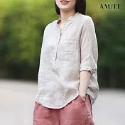 【AMIEE】氣質寬鬆棉麻襯衫(KDT-5880) M 麻色