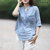【AMIEE】氣質寬鬆棉麻襯衫(KDT-5880) XL 淺藍