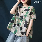 【AMIEE】舒適印花棉麻上衣(KDT-2036) M 綠黑色