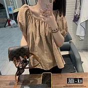 【Jilli~ko】韓系溫柔風棉麻感泡泡袖套頭寬鬆顯瘦上衣 J9178  FREE 淺咖色