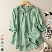 【ACheter】 日系花邊棉麻短袖襯衫上衣# 113250 M 綠色