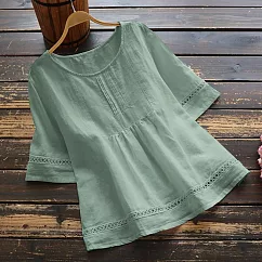 【慢。生活】夏季復古休閒純色棉麻鏤空拼接上衣 6004 FREE 淺綠色