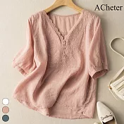 【ACheter】 細麻原色刺繡棉麻上衣# 113204 M 粉紅色