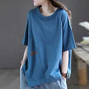 【ACheter】 寬鬆棉T恤顯瘦五分袖上衣#113232 M 藍色