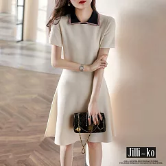 【Jilli~ko】夏季新款高級感配色翻領修身針織連衣裙 J9204 FREE 杏色