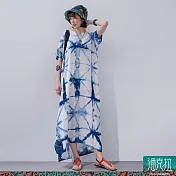 潘克拉 | 藍染壓紋幾何夏季縲縈連衣裙 TM1378  FREE 藍色