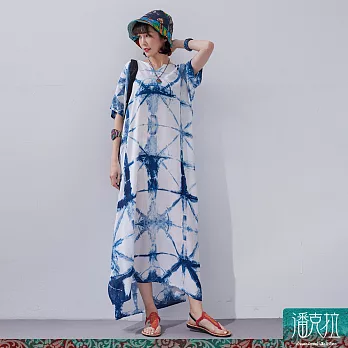 潘克拉 | 藍染壓紋幾何夏季縲縈連衣裙 TM1378  FREE 藍色