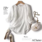 【ACheter】 優雅顯瘦波點五分袖寬鬆上衣# 113373 XL 白色
