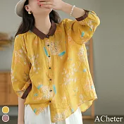 【ACheter】 印花撞色寬鬆七分袖襯衣棉麻罩衫# 113374 XL 黃色