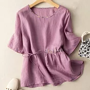 【ACheter】 復古短袖棉麻寬鬆系帶T短版上衣# 113403 M 紫色