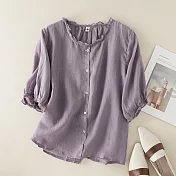 【ACheter】 文藝棉麻五分袖寬鬆襯衫短版上衣# 113407 M 紫色