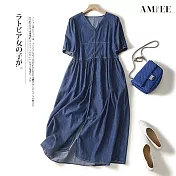 【AMIEE】氣質顯瘦牛仔連身洋裝(KDD-9295) M 淺藍色