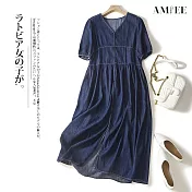 【AMIEE】氣質顯瘦牛仔連身洋裝(KDD-9295) XL 深藍色