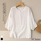 【ACheter】 風琴褶皺襯衫式五分袖棉麻寬鬆短版上衣# 113434 M 白色