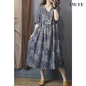 【AMIEE】氣質復古顯瘦連身洋裝(KDD-2656) XL 藍色