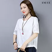 【AMIEE】寬鬆大碼棉麻上衣(KDT-5803) XL 白色