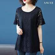 【AMIEE】氣質蕾絲大碼短袖上衣(KDT-9278) XL 黑色