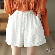 【初色】復古風素色花邊裝飾短褲寬褲-共8色-62649(M-2XL可選) L 白色