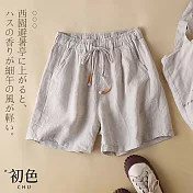 【初色】棉麻風素色繫帶寬鬆短褲-共3色-62647(M-2XL可選) M 麻色