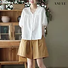 【AMIEE】甜美花邊領拼接五分袖襯衫(KDT-3591) M 白色