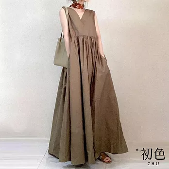 【初色】棉麻V領無袖連身洋裝背心裙-共3色-62605(F可選) F 咖啡色