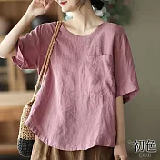 【初色】復古棉麻風短袖圓領T恤上衣-共4色-62691(M-2XL可選) XL 藕粉色