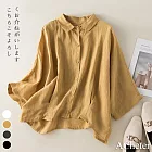 【ACheter】 秋新品褶皺棉麻七分袖襯衫寬鬆休閒短版上衣# 113538 M 黃色
