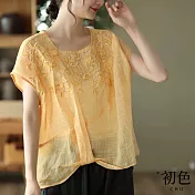 【初色】素色復古風花草刺繡圓領T恤上衣-共4色-62735(M-2XL可選) XL 黃色