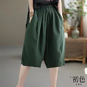 【初色】棉麻風鬆緊五分寬褲-共4色-62793(M-2XL可選) XL 綠色