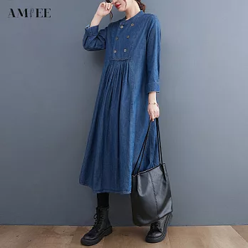 【AMIEE】個性時髦丹寧長袖洋裝(KDD-3251) XL 牛仔藍