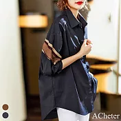 【ACheter】 街頭個性拼接撞色條紋前短後長中長版襯衫上衣# 113583 XL 黑色