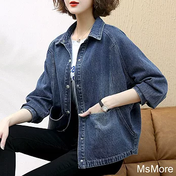 【MsMore】 時髦寬鬆顯瘦長袖高棉牛仔外套# 113593 M 牛仔藍