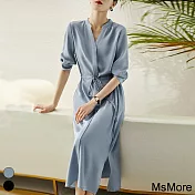 【MsMore】 雅致高腰顯瘦彈力修身襯衫連身長袖長洋裝# 113456 XL 藍色
