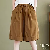 【初色】休閒素色顯瘦闊腿寬褲五分短褲-共3色-63422(M-2XL可選) L 深棕色