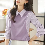 【MsMore】 香芋摩卡襯衫翻領春秋款條紋長袖拼接假兩件寬鬆中長版上衣# 113770 2XL 紫色