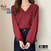 【Jilli~ko】韓版新款V領拼接雪紡燈籠袖針織衫 J9264  FREE 酒紅色
