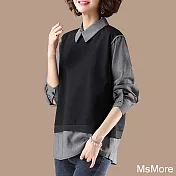 【MsMore】 韓版襯衫寬鬆顯瘦假兩件長袖中長版上衣# 113517 L 黑色