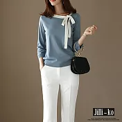 【Jilli~ko】薄款通勤氣質時尚領巾繫帶造型針織衫 J9267  FREE 藍色