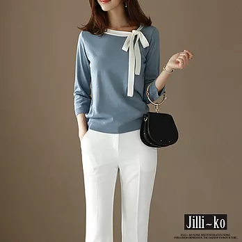 【Jilli~ko】薄款通勤氣質時尚領巾繫帶造型針織衫 J9267  FREE 藍色
