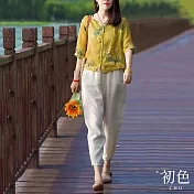 【初色】棉麻風寬鬆顯瘦印花五分袖套裝-黃色-63503(M-2XL可選) M 黃色