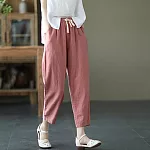【慢。生活】復古顯瘦繫帶鬆緊腰棉麻寬鬆休閒蘿蔔褲 1823  FREE 粉紅色