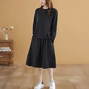 【ACheter】 時尚氣質大碼減齡顯瘦寬鬆長袖圓領休閒上衣長裙兩件式套裝 # 113710 M 黑色