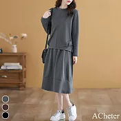 【ACheter】 時尚氣質大碼減齡顯瘦寬鬆長袖圓領休閒上衣長裙兩件式套裝 # 113710 M 灰色